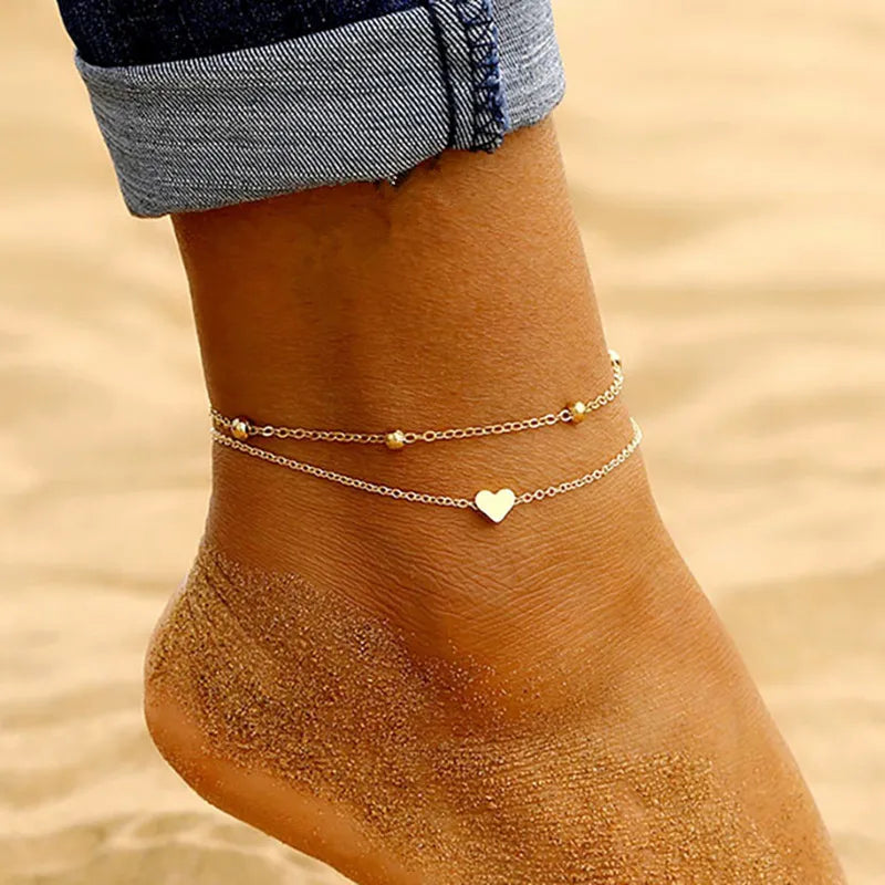 Simple Heart Female Anklets Barefoot Crochet Sandals Foot Jewelry Leg New Anklets On Foot Ankle Bracelets For Women Leg Chain