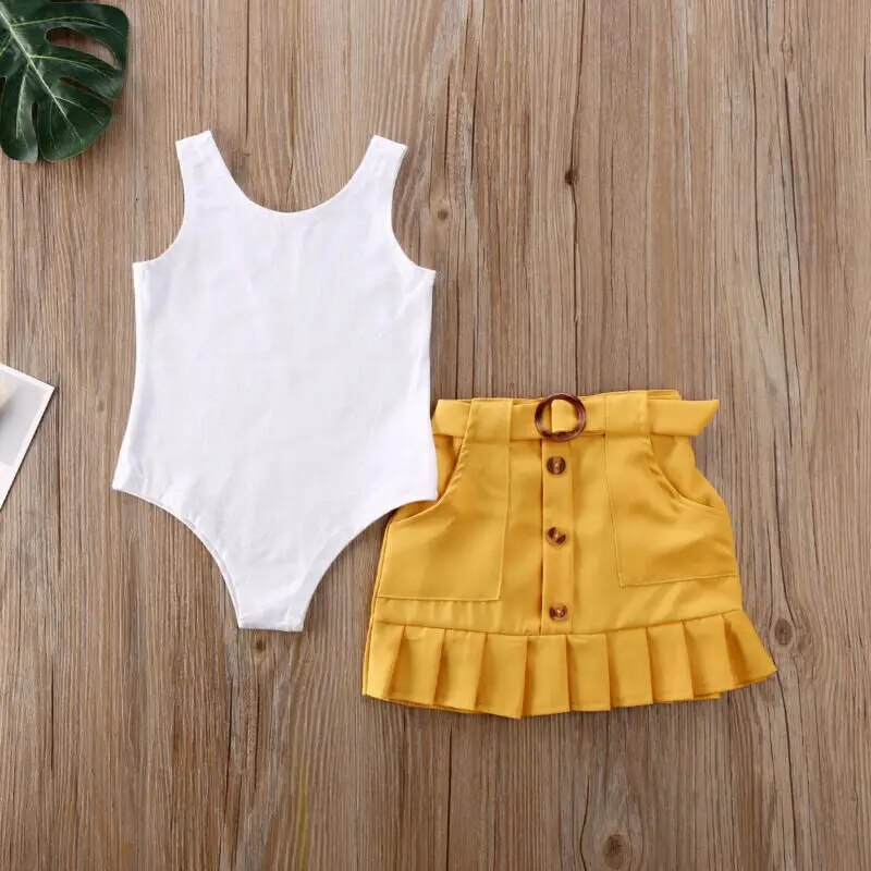 2020 Baby Summer Clothing Toddler Baby Girl Outfit Solid Bodysuit Romper + Button Skirt 2Pcs Solid Clothes Set