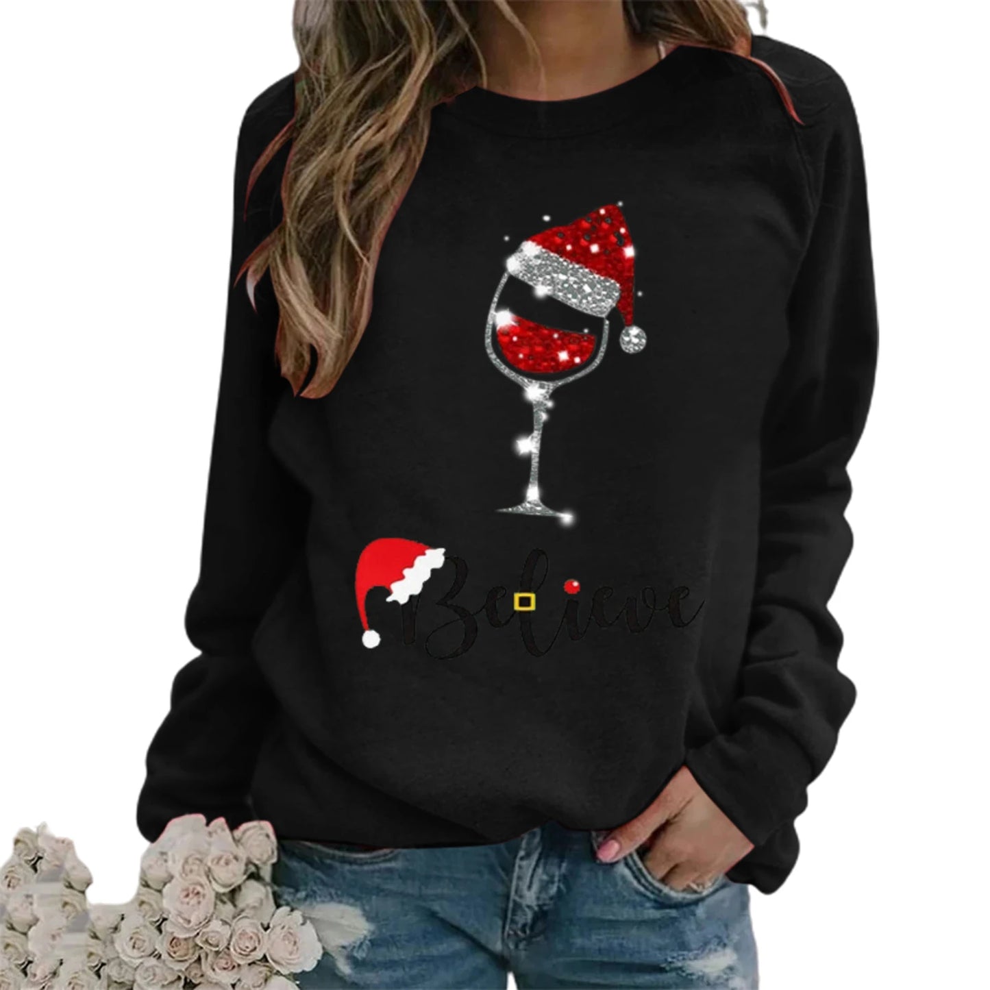 Best Sellers!!! New Fashion Women's Christmas Print Round Neck Long Sleeve Pullover Top Loose Sweater Christmas Gift Clothes