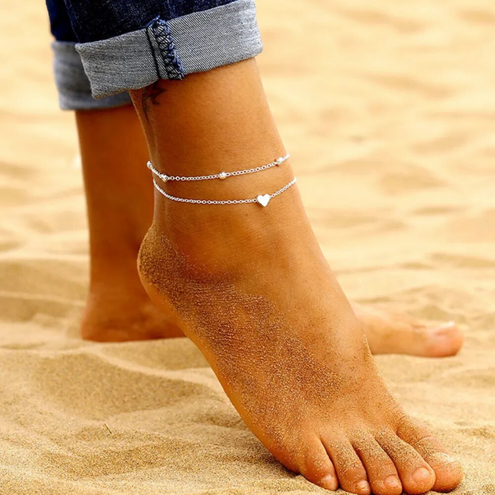 Simple Heart Female Anklets Barefoot Crochet Sandals Foot Jewelry Leg New Anklets On Foot Ankle Bracelets For Women Leg Chain