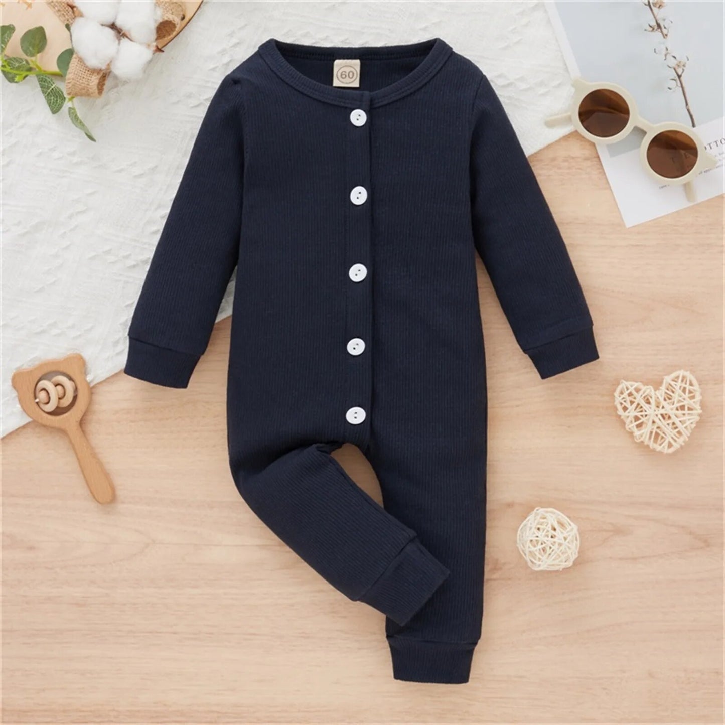 Infant Baby Girls Romper Long Sleeve Button Closure Solid Casual Daily Spring Autumn Jumpsuit