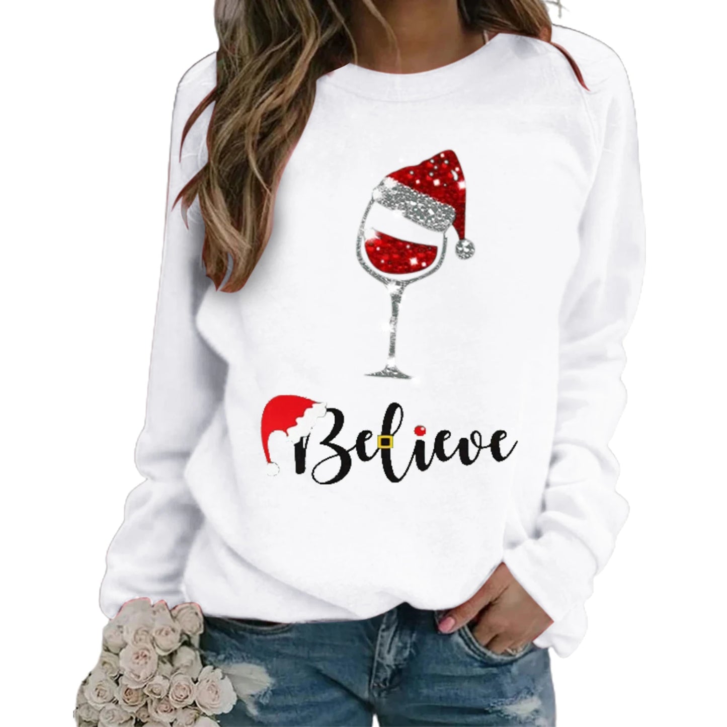 Best Sellers!!! New Fashion Women's Christmas Print Round Neck Long Sleeve Pullover Top Loose Sweater Christmas Gift Clothes