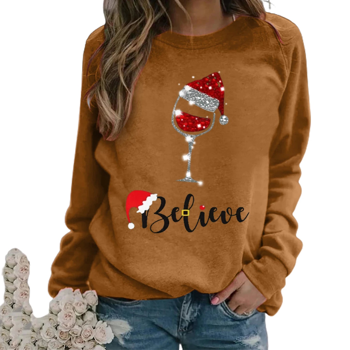 Best Sellers!!! New Fashion Women's Christmas Print Round Neck Long Sleeve Pullover Top Loose Sweater Christmas Gift Clothes