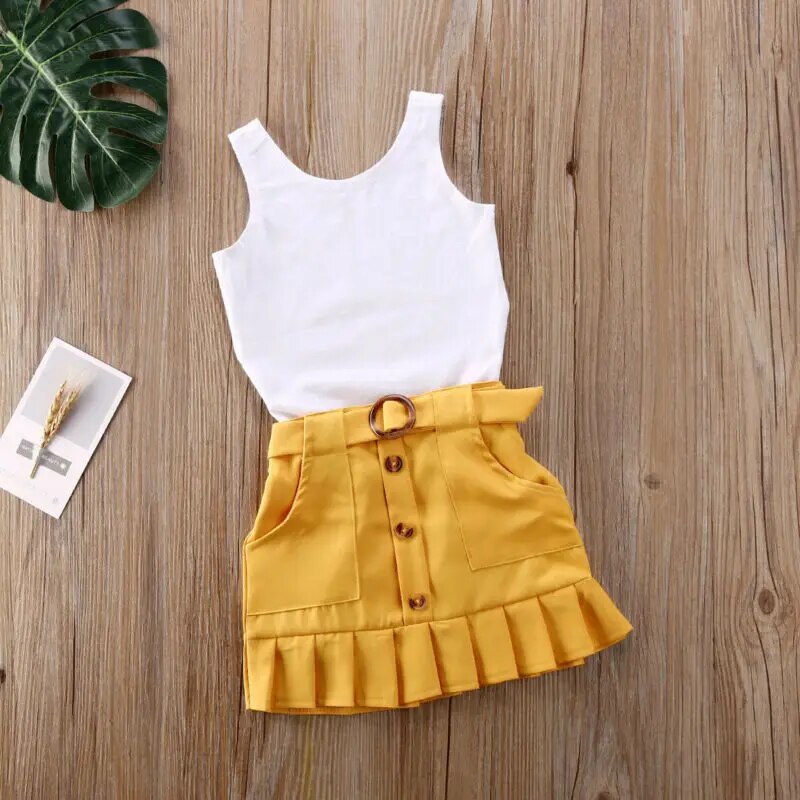 2020 Baby Summer Clothing Toddler Baby Girl Outfit Solid Bodysuit Romper + Button Skirt 2Pcs Solid Clothes Set