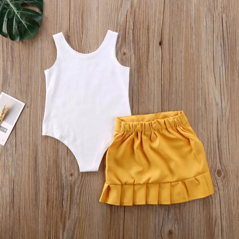 2020 Baby Summer Clothing Toddler Baby Girl Outfit Solid Bodysuit Romper + Button Skirt 2Pcs Solid Clothes Set