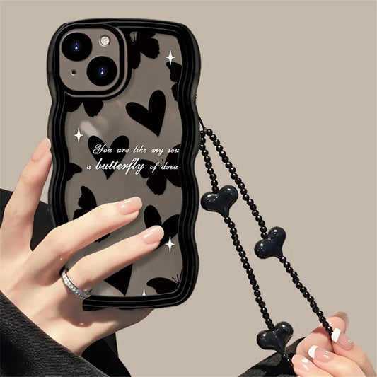 Korean Cute Wave Black Butterfly Love Heart Hang Chain Soft Case For iPhone 15 14 Pro Max 12 13 11 X XS XR 7 8 Plus Clear Cover