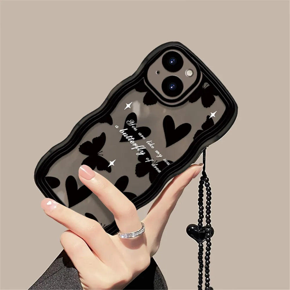 Korean Cute Wave Black Butterfly Love Heart Hang Chain Soft Case For iPhone 15 14 Pro Max 12 13 11 X XS XR 7 8 Plus Clear Cover