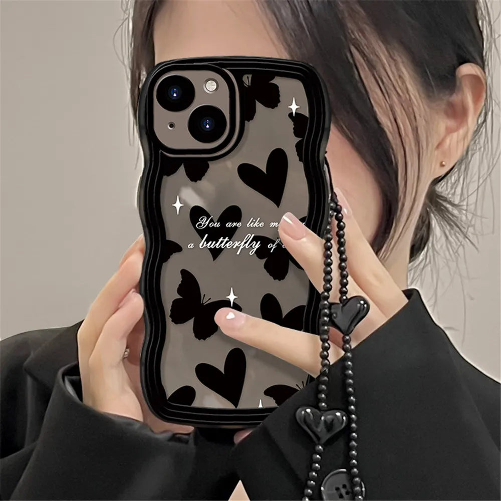 Korean Cute Wave Black Butterfly Love Heart Hang Chain Soft Case For iPhone 15 14 Pro Max 12 13 11 X XS XR 7 8 Plus Clear Cover